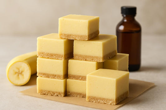 Squares of banana pudding fudge on parchment