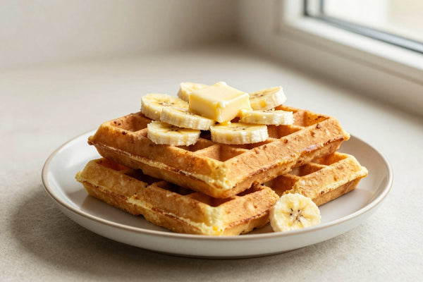 A stack of golden banana waffles on a plate with a pat of butter and the toppings from the recipe