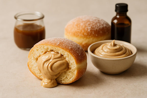 Filled doughnut cut open to show banoffee cream filling