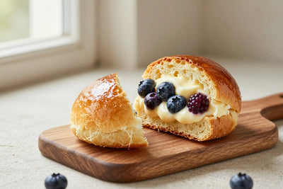 A glossy, deep golden berry cream brioche on a wooden board, one piece torn open to show the soft, feathery crumb