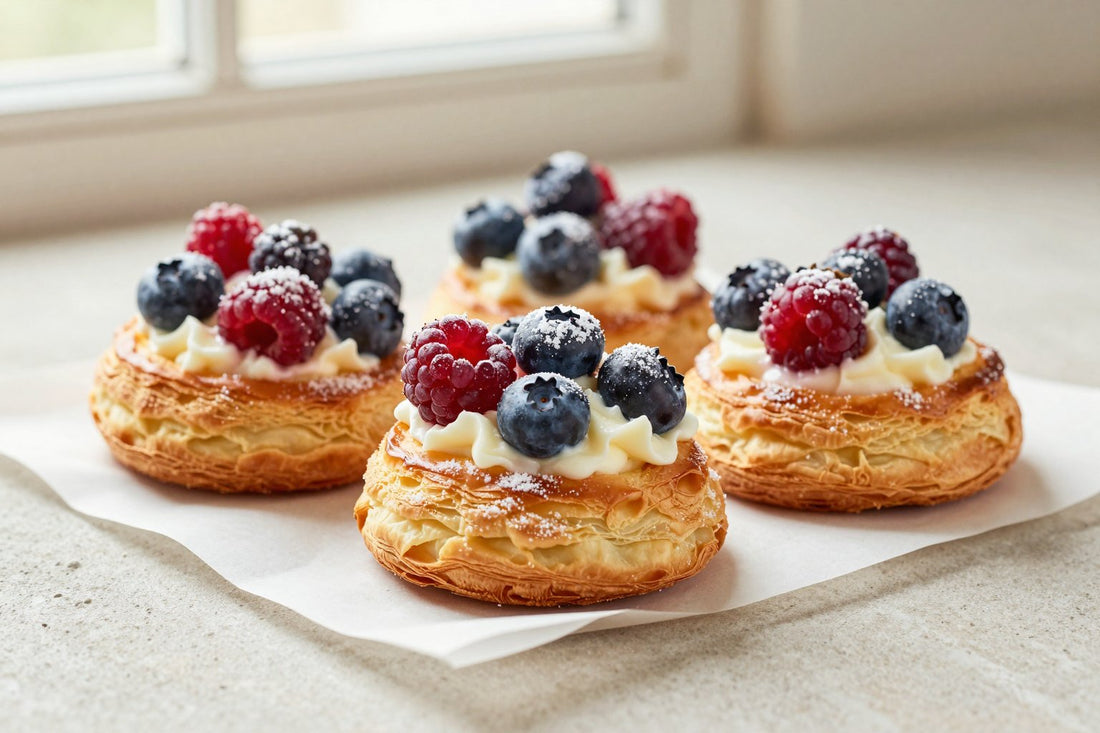 Berry cream puff pastry on parchment, showing crisp, flaky, deep golden layers