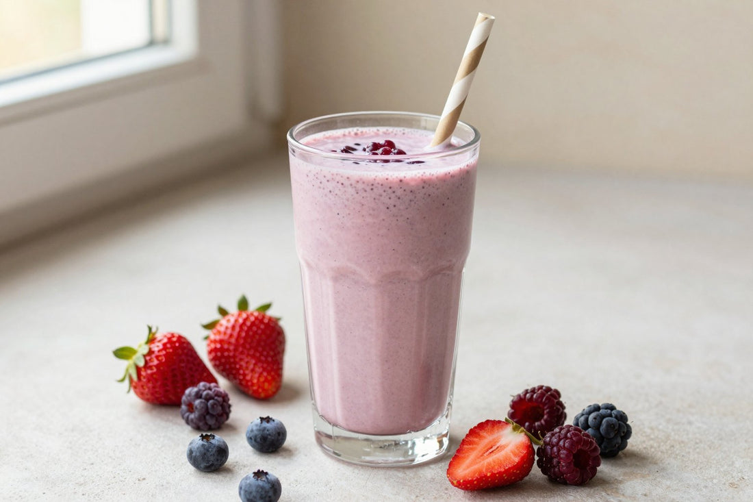 A tall glass of thick, creamy berry greek yogurt protein shake with a straw, a few of its fresh ingredients beside it