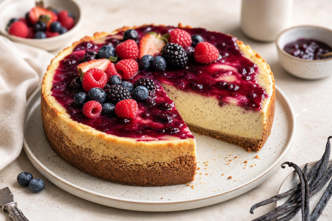 Berry vanilla cheesecake made with Indonesian vanilla