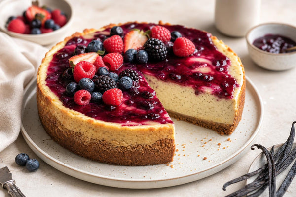 Berry vanilla cheesecake made with Indonesian vanilla