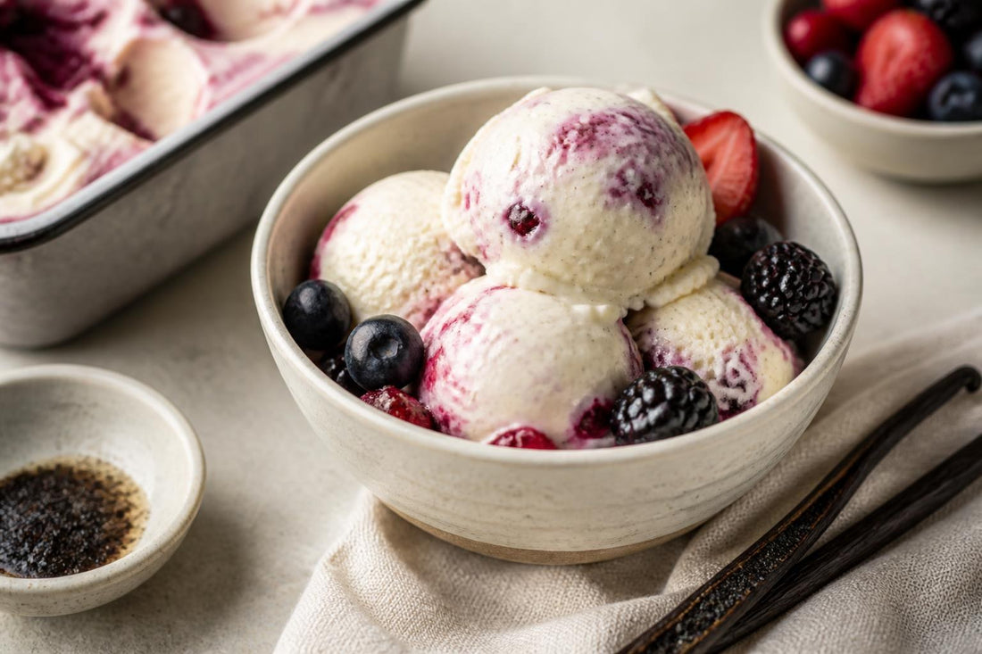 Berry vanilla ice cream made with Indonesian vanilla