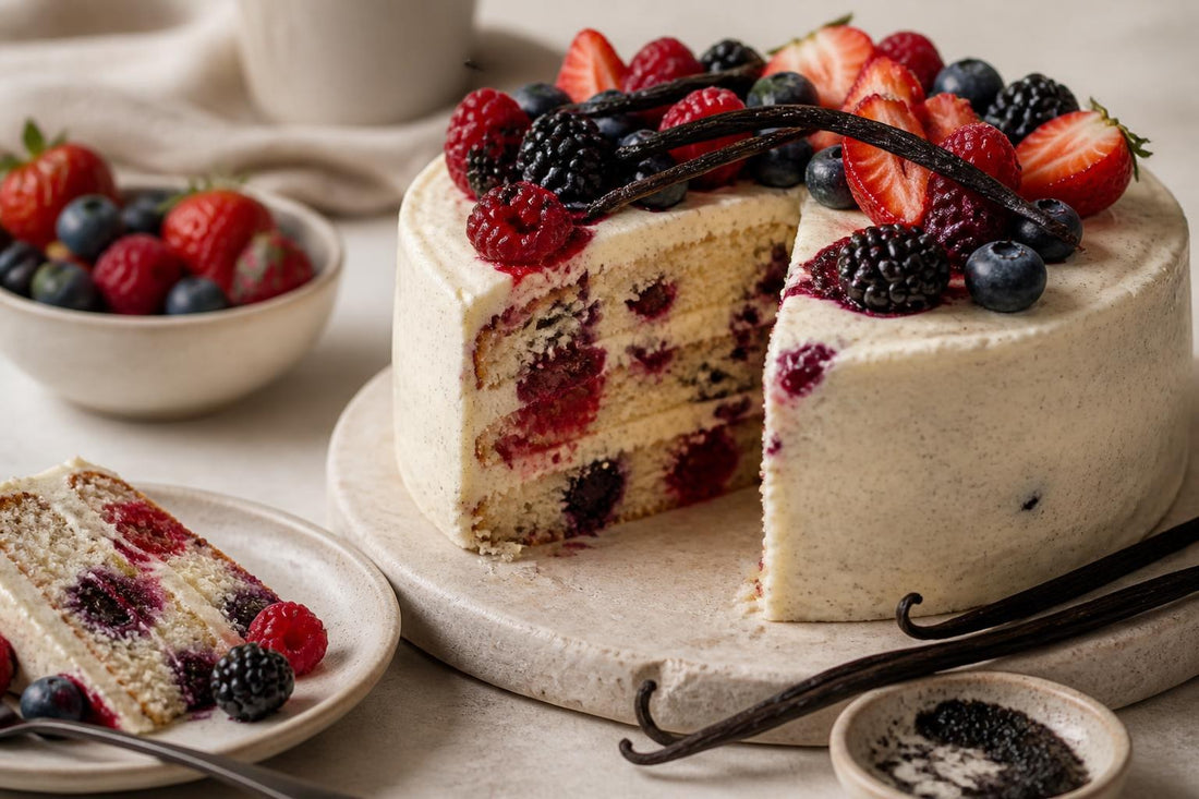 Berry vanilla layer cake made with Tahitian vanilla