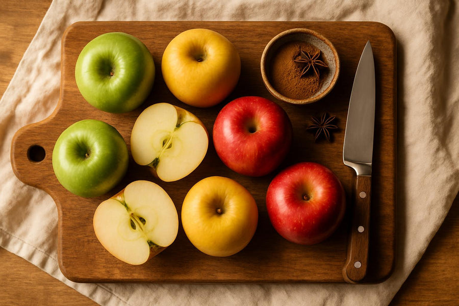 Assorted baking apples including Granny Smith and Honeycrisp on cutting board with spices