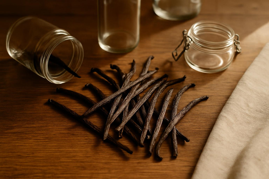 Scattered Madagascar Grade B vanilla beans on a wooden kitchen table next to open glass jars, overhead angle, warm natural