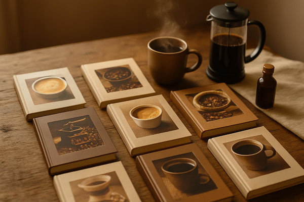 Best coffee books arranged on table with coffee brewing equipment and vanilla extract