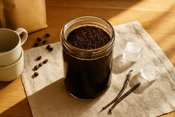 Coarse-ground coffee steeping in cold water for homemade cold brew concentrate