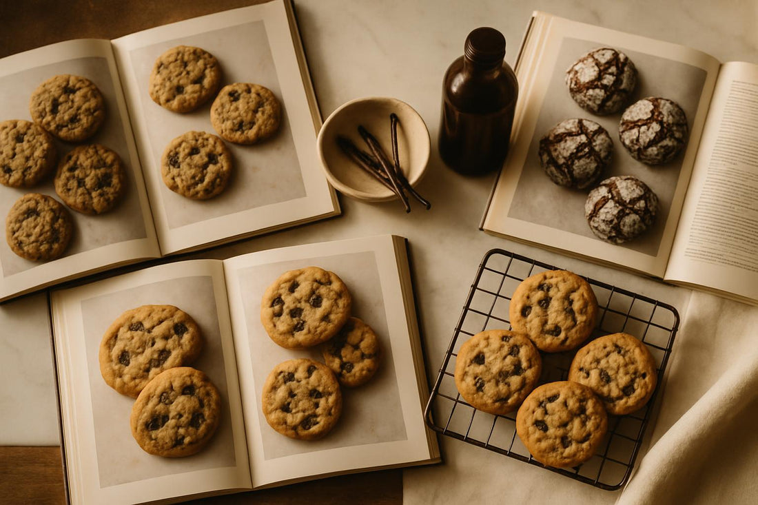 Best cookie cookbooks open on kitchen counter with vanilla beans and freshly baked cookies