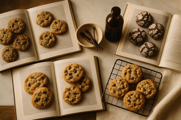Best cookie cookbooks open on kitchen counter with vanilla beans and freshly baked cookies