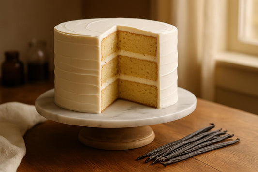 Three-tier white frosted celebration cake on a marble cake stand with a slice removed showing layers dotted with black