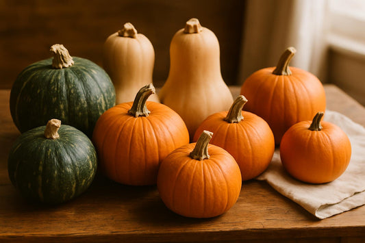 Sugar pumpkins and winter squash varieties at a farmers market stand, ready for baking