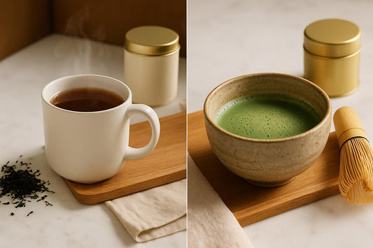 Black tea in white mug and matcha in traditional bowl side by side on marble surface