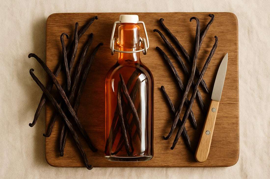 Split Grade B Madagascar vanilla beans in a clear glass swing-top bottle filled with vodka showing amber-to-brown liquid