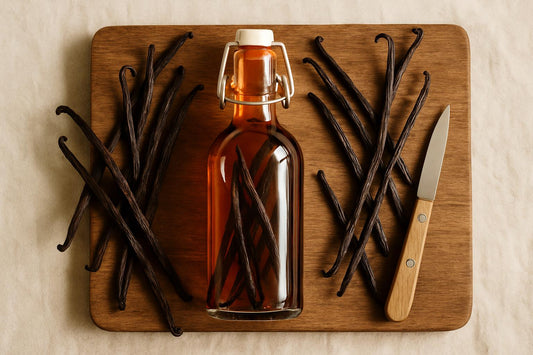 Split Grade B Madagascar vanilla beans in a clear glass swing-top bottle filled with vodka showing amber-to-brown liquid