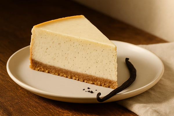 Slice of vanilla bean cheesecake with visible specks and Madagascar vanilla bean