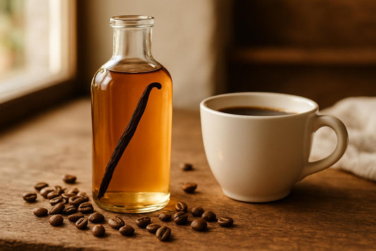 Homemade vanilla coffee syrup in glass bottle with split vanilla bean and coffee cup on wooden counter
