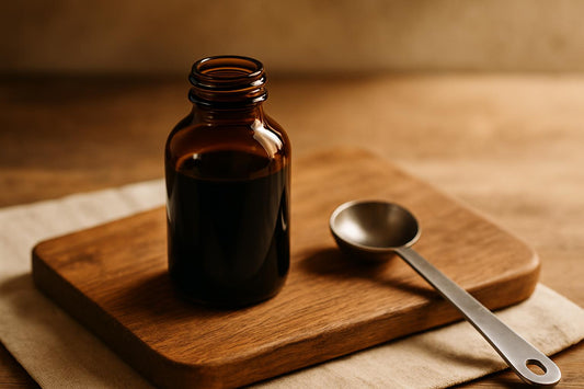 Open dark glass bottle of vanilla extract on wooden cutting board with a silver measuring spoon beside it, warm natural
