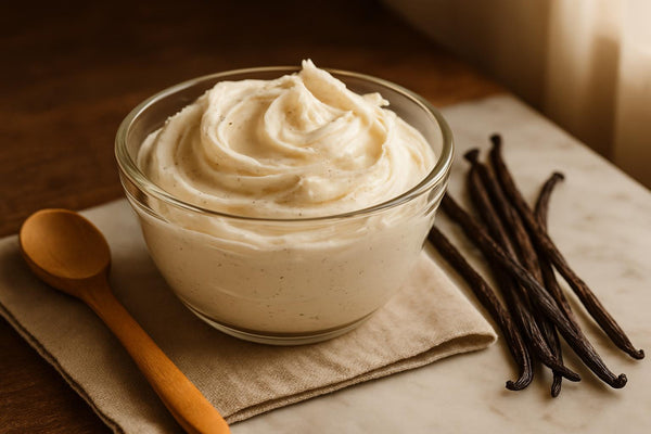White buttercream frosting in a glass bowl with visible vanilla bean specks throughout, wooden spoon resting on marble