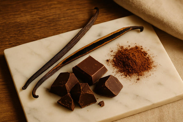 Split Madagascar vanilla bean with seeds scraped out, placed next to chunks of dark chocolate and cocoa powder on a marble