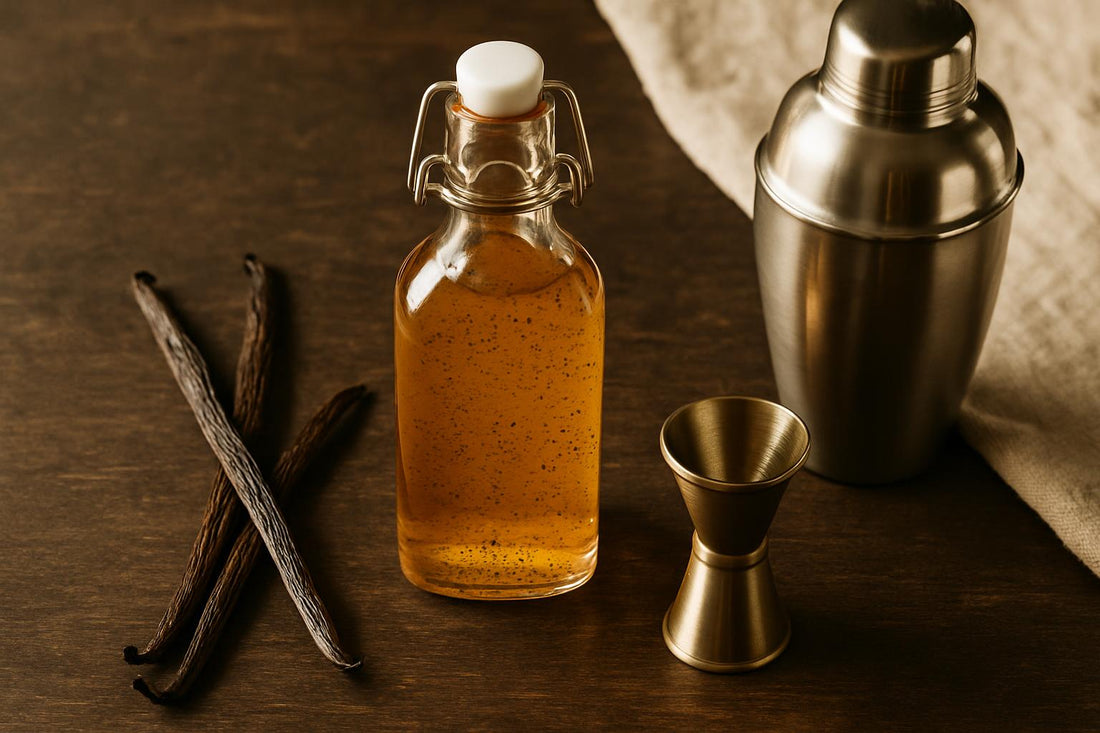 Split Madagascar vanilla beans beside a clear glass bottle of vanilla syrup with black caviar seeds suspended inside