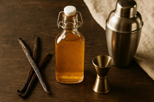 Split Madagascar vanilla beans beside a clear glass bottle of vanilla syrup with black caviar seeds suspended inside