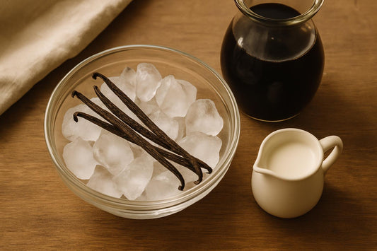 Split Madagascar vanilla beans resting on ice cubes in a glass bowl with a carafe of cold-brew coffee and a small pitcher of