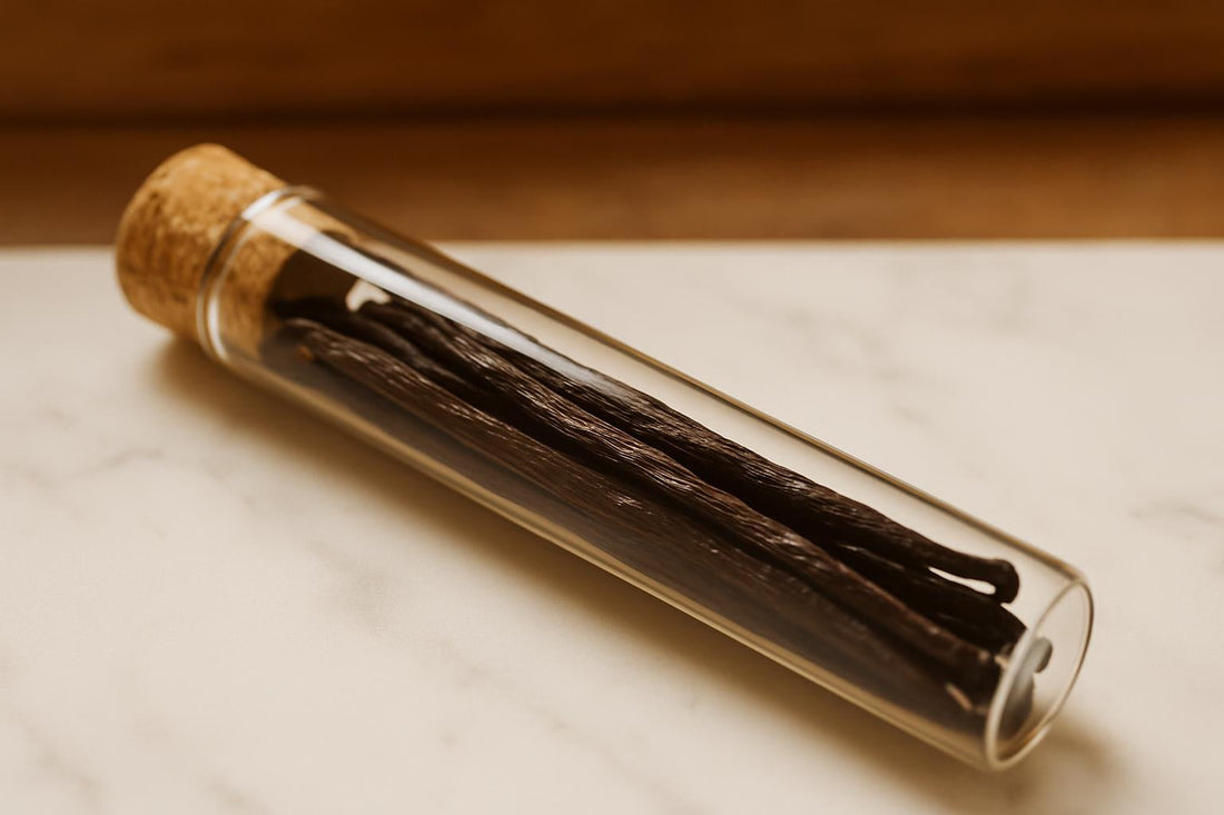 Four to six dark glossy Madagascar Grade A vanilla beans arranged in a clear glass tube with cork stopper, photographed from
