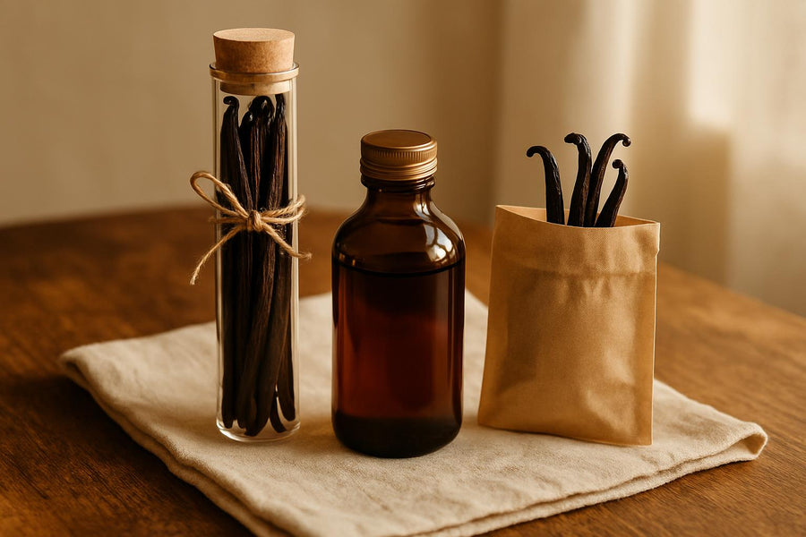 Premium vanilla gift set with whole Madagascar beans in glass tube and vanilla extract bottle with handwritten labels