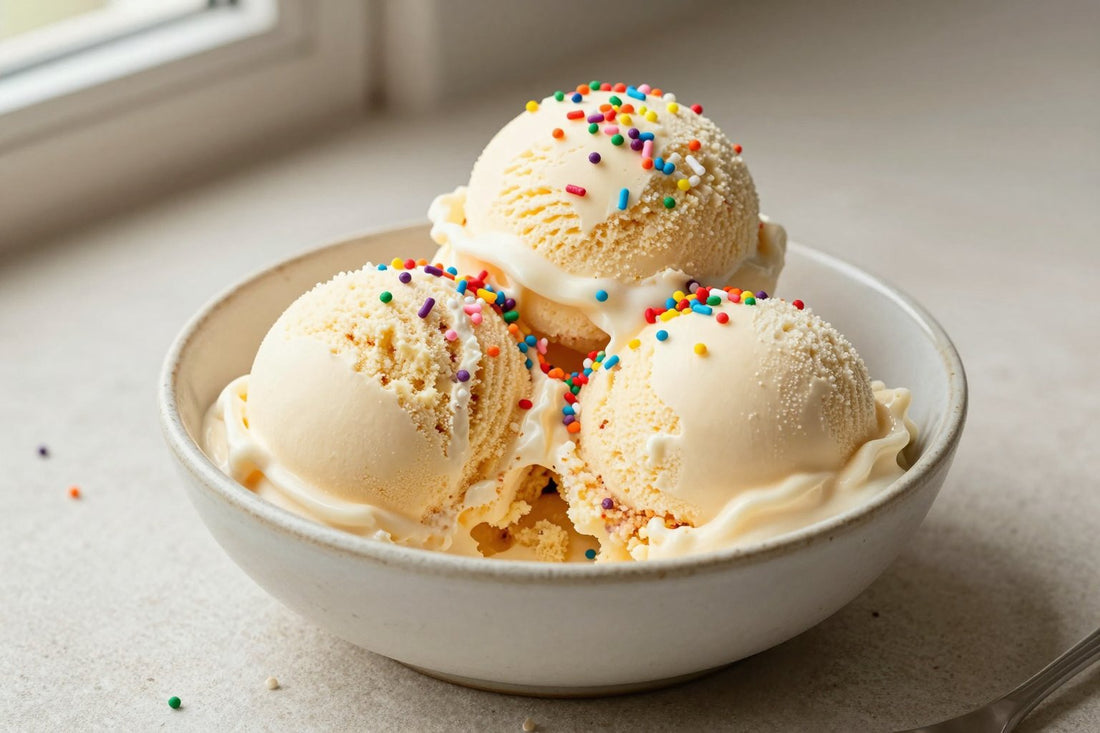 Two generous scoops of birthday cake ice cream in a shallow ceramic bowl, softly melting at the edges