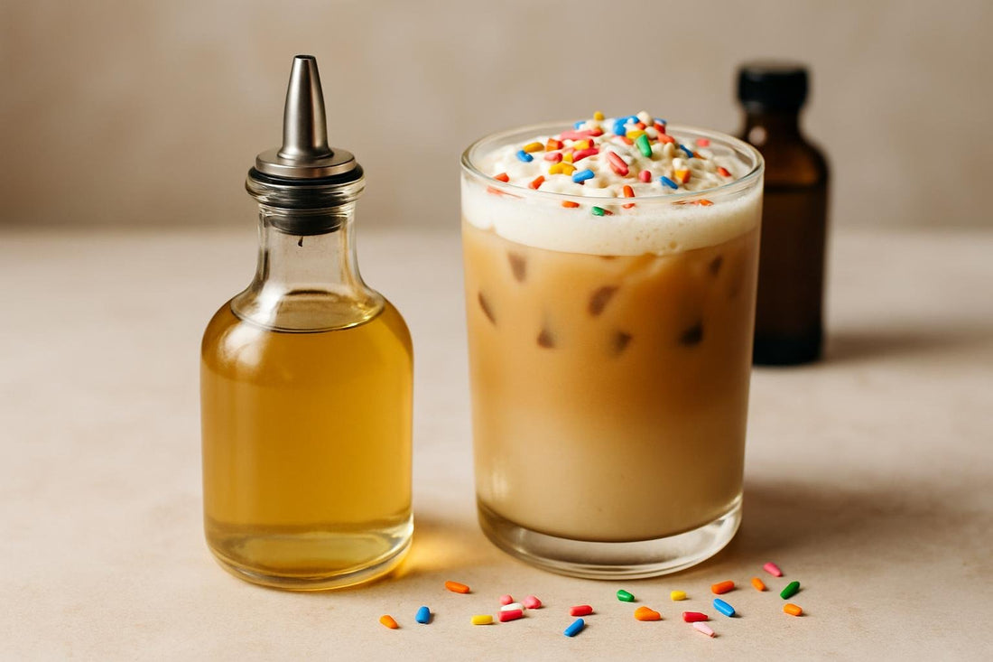 A small glass bottle of birthday cake syrup with a pour spout, beside an iced latte sweetened with it