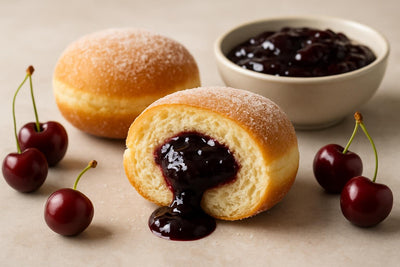 Filled doughnut cut open to show black cherry jam filling