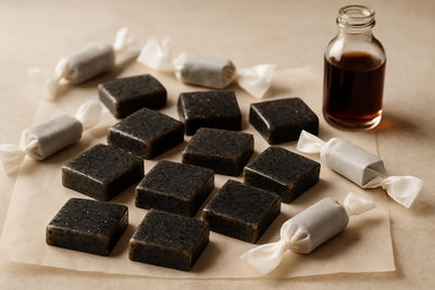 Black Sesame Caramels cut and wrapped in wax paper