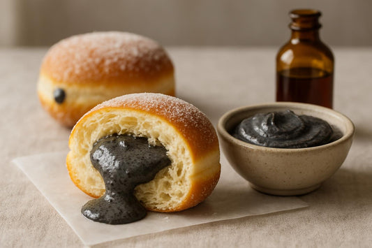 Filled doughnut cut open to show black sesame cream filling