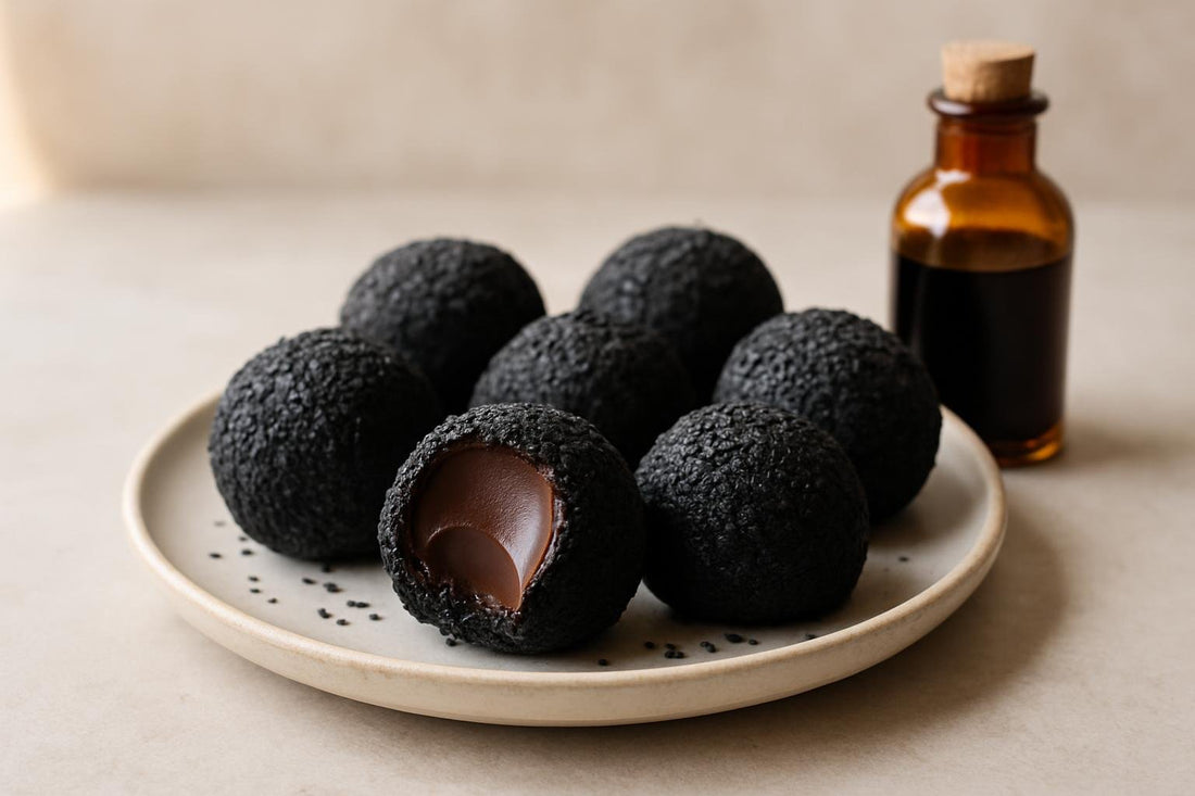 Black Sesame Truffles on a plate, one bitten