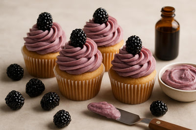 Cupcakes piped with blackberry buttercream frosting