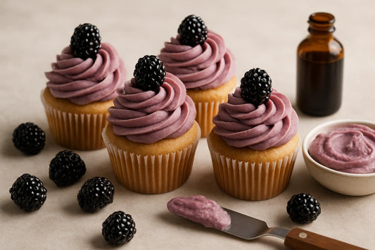 Cupcakes piped with blackberry buttercream frosting