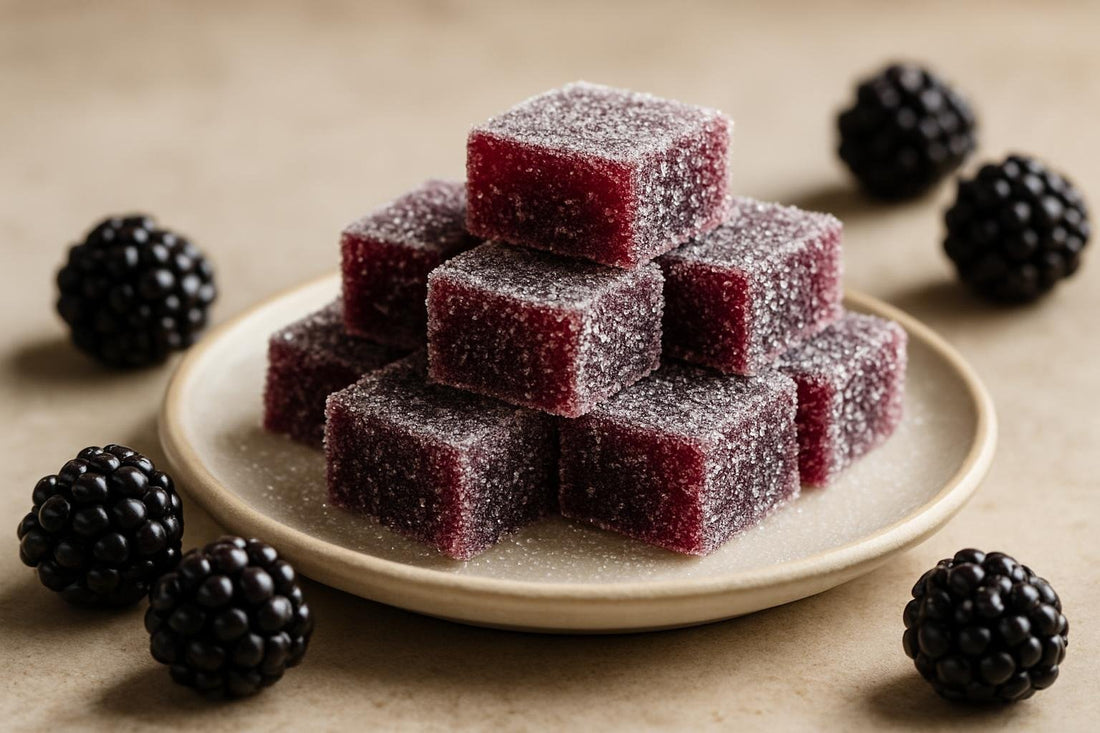 Squares of blackberry fruit jellies rolled in sugar