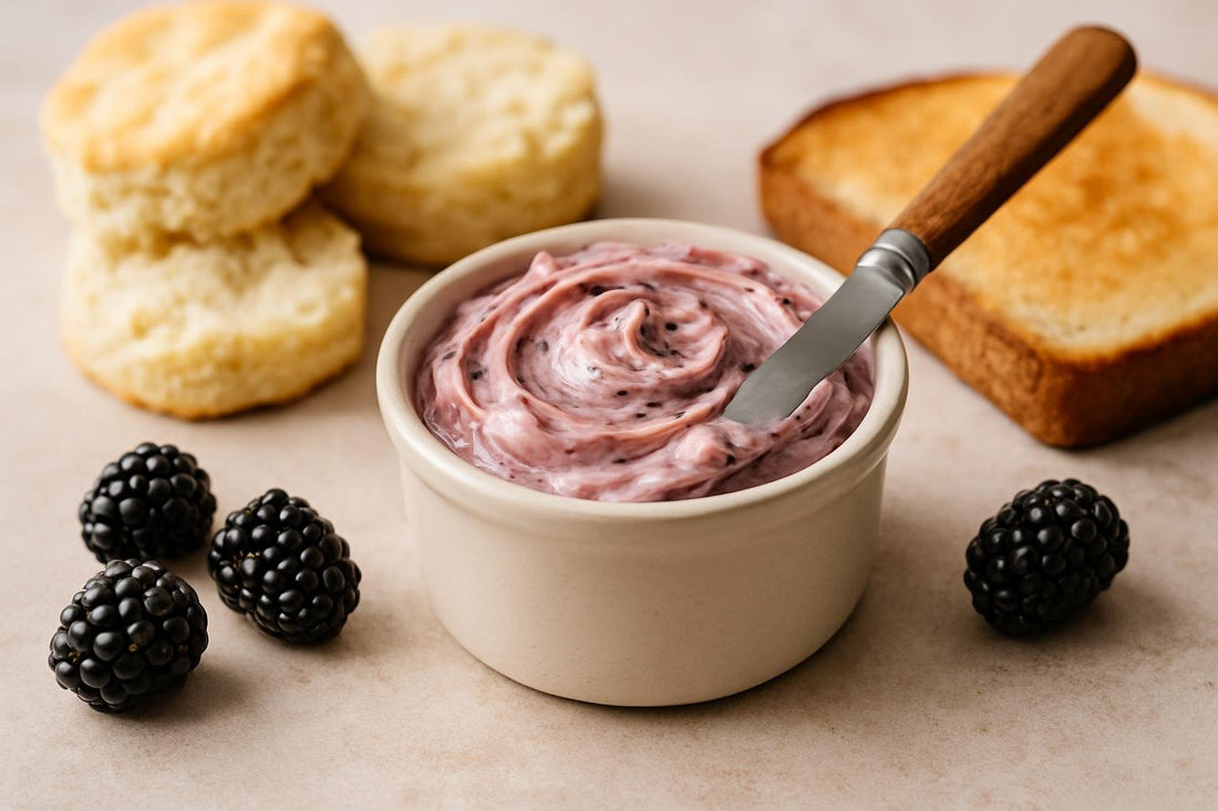 Blackberry Honey Butter in a crock with warm biscuits