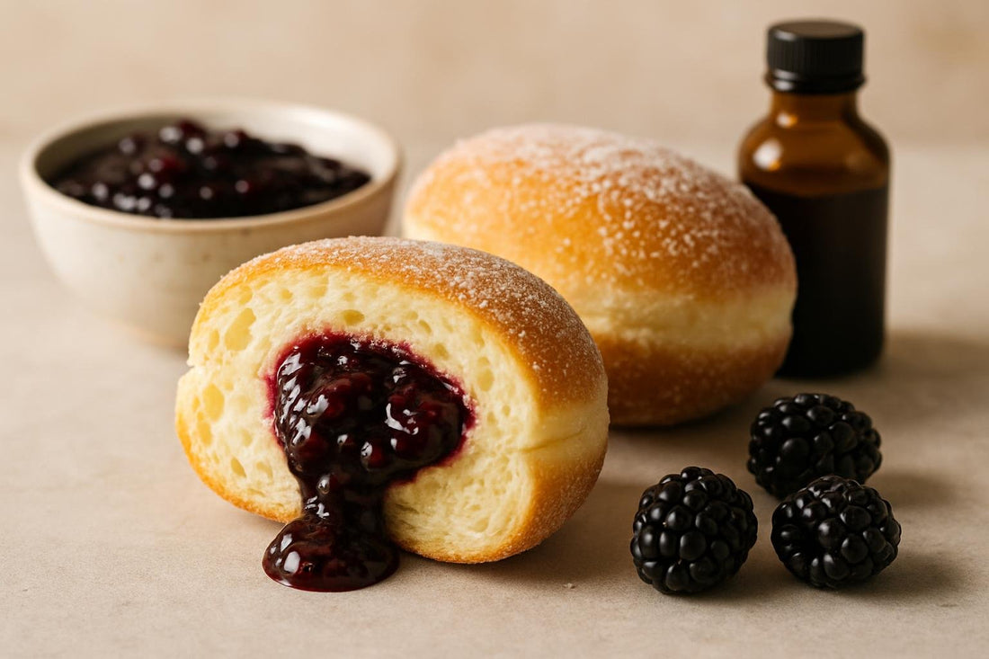 Filled doughnut cut open to show blackberry jam filling