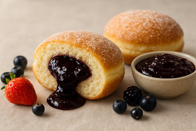 Filled doughnut cut open to show blackcurrant jam filling