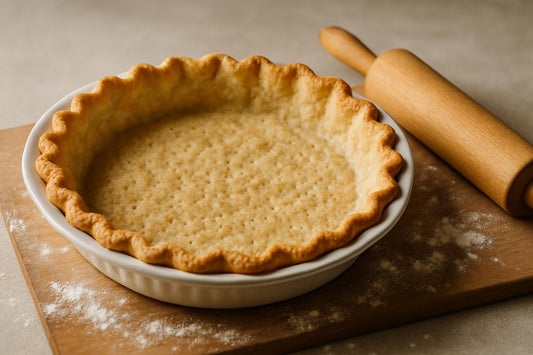 An unfilled, crimped blind-baked pie crust in a ceramic pie plate on a floured wooden board with a rolling pin beside it