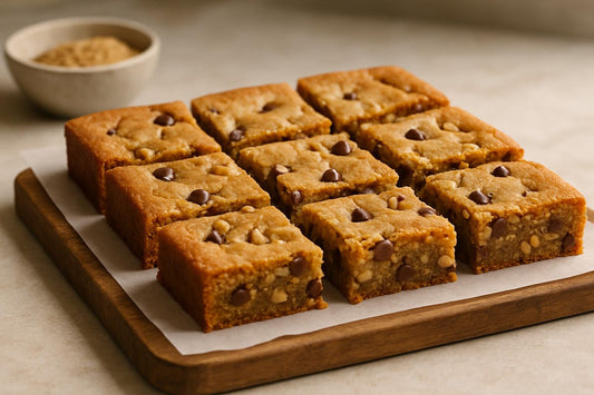 Blondie cut into squares on parchment on a wooden board