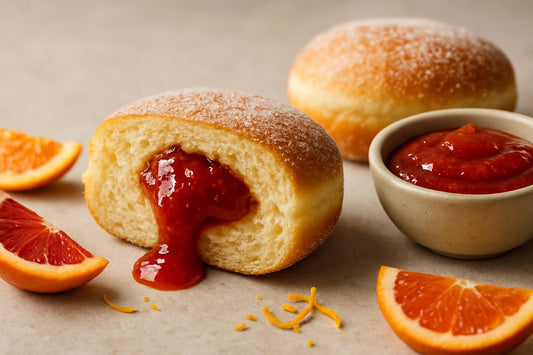 Filled doughnut cut open to show blood orange jam filling