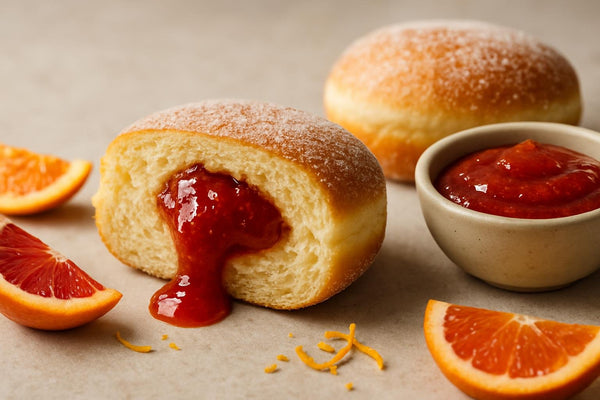 Filled doughnut cut open to show blood orange jam filling