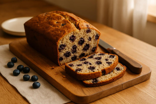 Blueberry Bread loaf with sliced pieces on an oak board