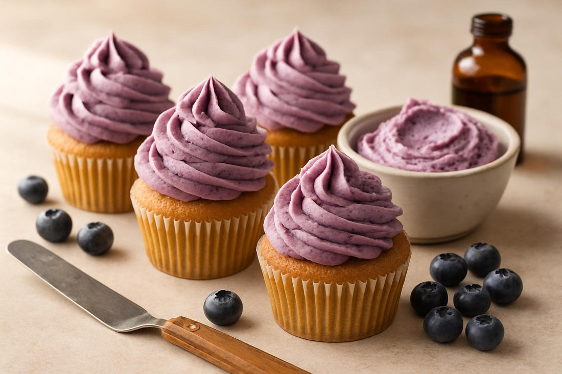 Cupcakes piped with blueberry buttercream frosting