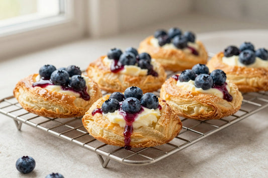 Blueberry cheese danish on a wire rack, the glossy filling visible in the center of each pastry